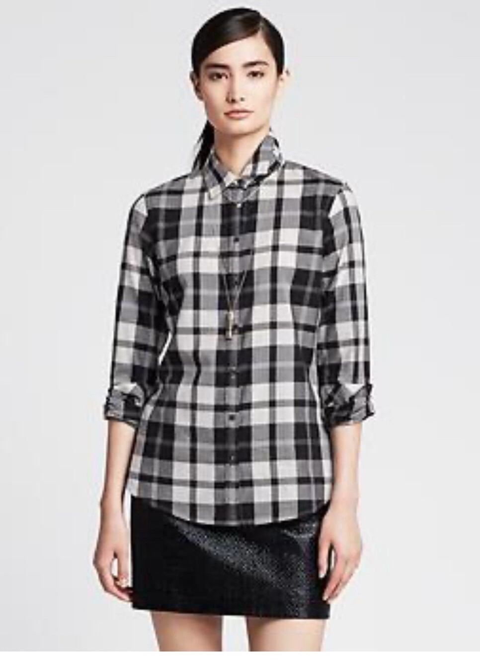 Banana Republic Womens XL Black & White Buffalo Plaid Cotton Flannel Button Up